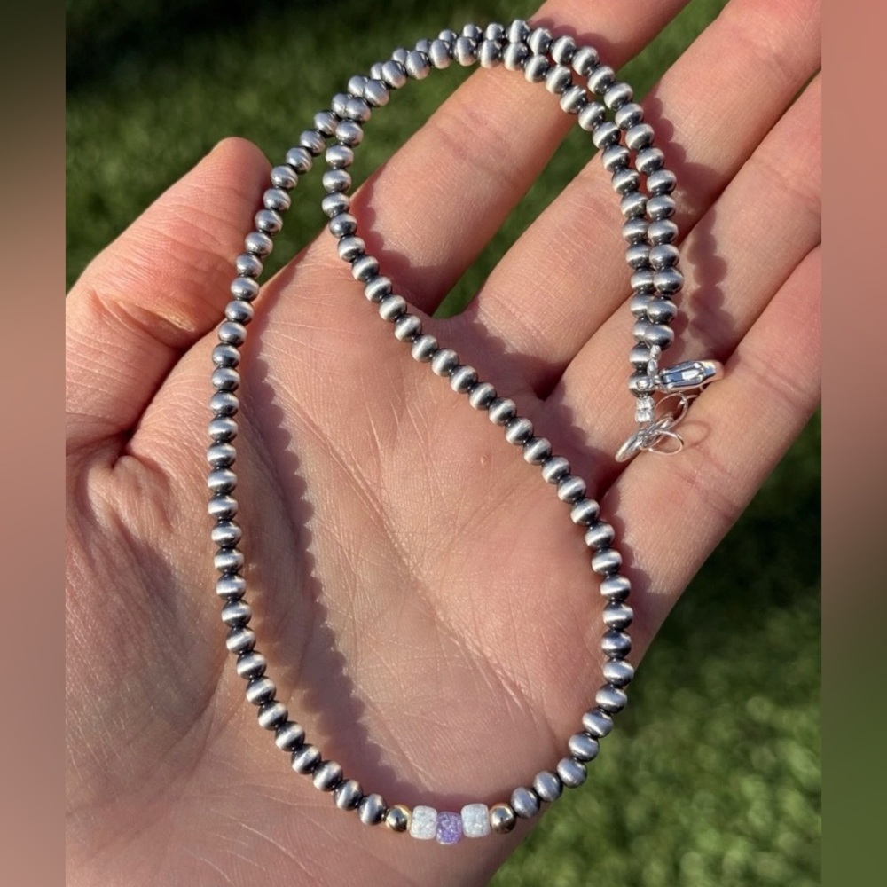 Sterling Silver 4mm Opal Gold Accents 16 Inch Bead Necklace Gift